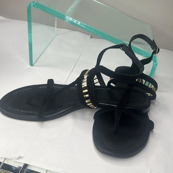 Sigerson Morrison Sz 6 Black Suede Gold Leather TStrap Ankle Strap Flat Sandals - Picture 9 of 11